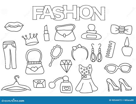 Fashion Elements Hand Drawn Set Coloring Book Template Stock Vector