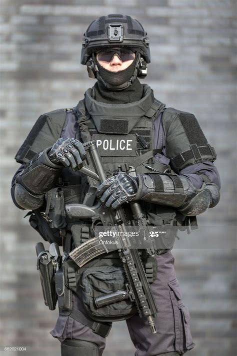 Stock Photo Swat Police Officer Against Brick Wall Swat Police