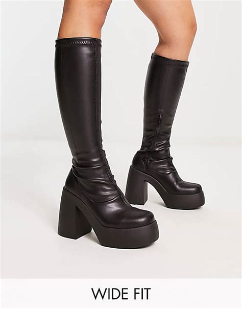 Asos Design Wide Fit Cleo High Heeled Knee Boots In Black Asos