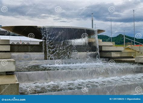 Water Flows From The Bowl Of The Fountain In Sochi Russia Stock Image