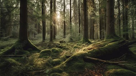 Forest Scene With Mossy Trees And Sunlight Background Royalty Free