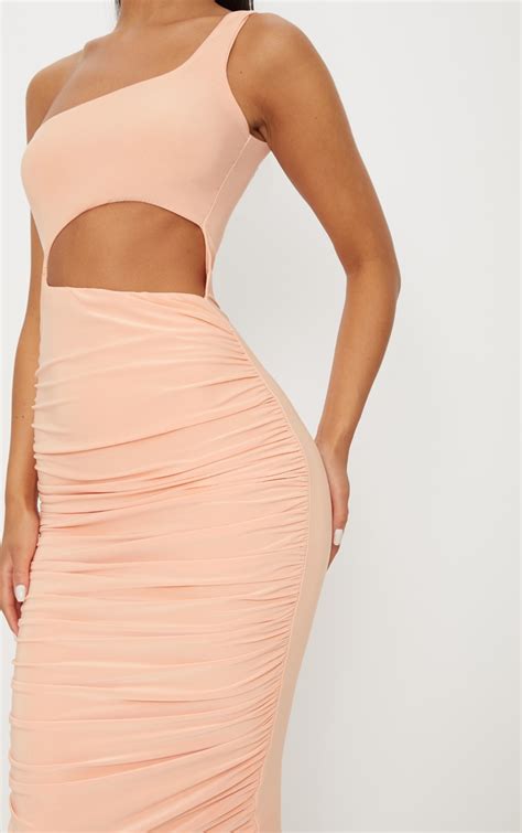 tangerine double layer slinky one shoulder cut out detail ruched midaxi dress