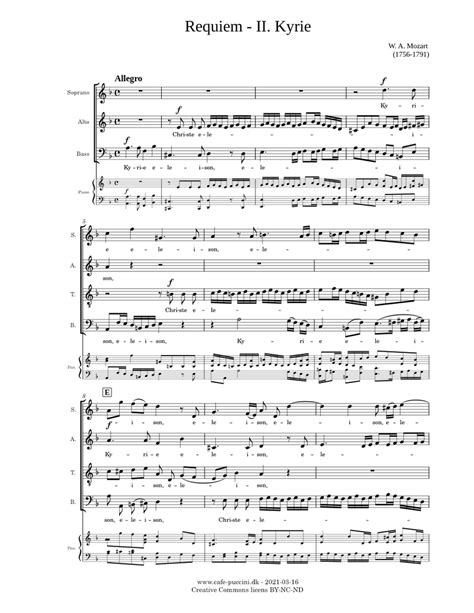 Requiem 2 Kyrie Mozart Sheet Music For Piano Soprano Alto Tenor