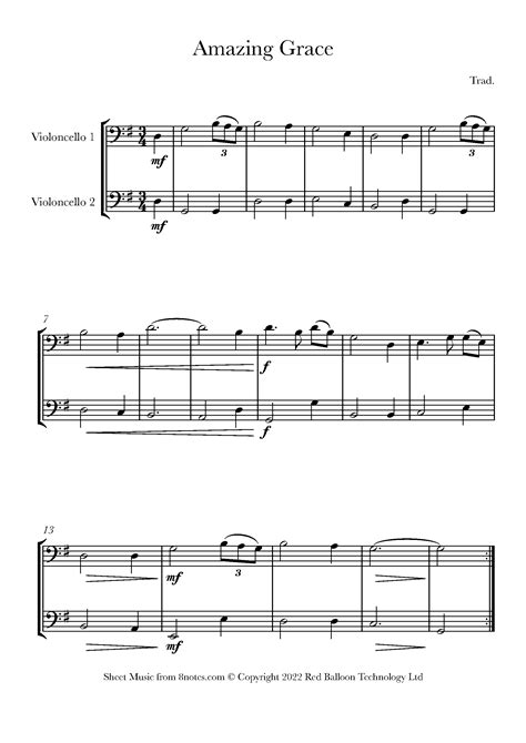 Amazing Grace Sheet Music For Cello Duet Notes Com