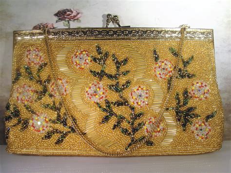 Vintage Gold Beaded Purse Beaded Clutch Green Leaves And Floral