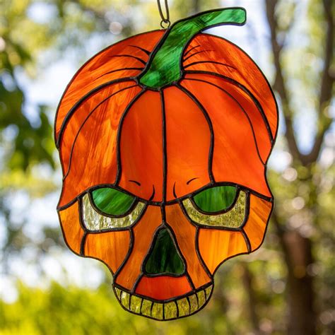 Halloween Decor Stained Glass Skull Suncatcher Horror Pumpkin Etsy