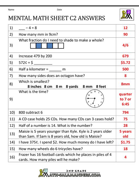 Mental Math Worksheet 2nd Grade