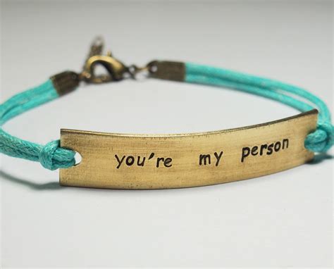 Check spelling or type a new query. Hand stamped bracelet, you're my person, Quote bracelet, teal Mint leather, Brass bracelet ...