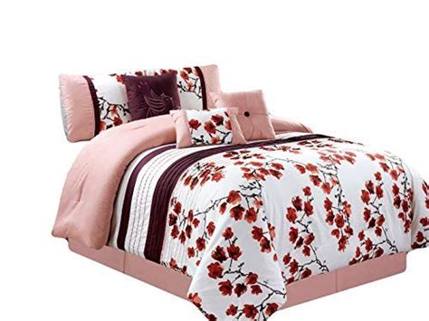 Hgs 7 Pc Cherry Blossom Bird Embroidery Pleated Comforter Set Pink