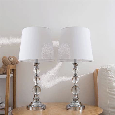 2 Set Table Lamp Stacked Crystal Ball White Fabric Shade With Iron Prop