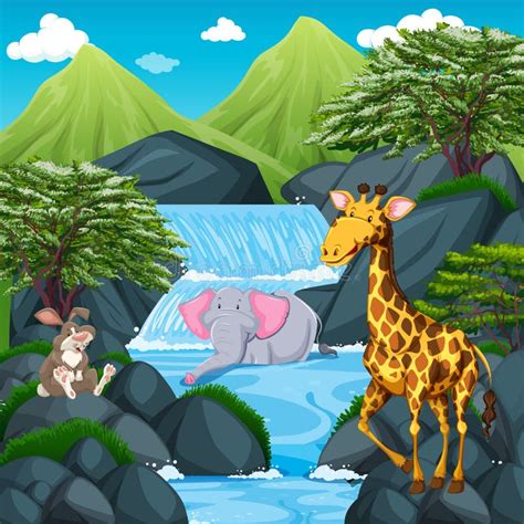Scene Wtih Wild Animals At The Waterfall Stock Vector Illustration Of
