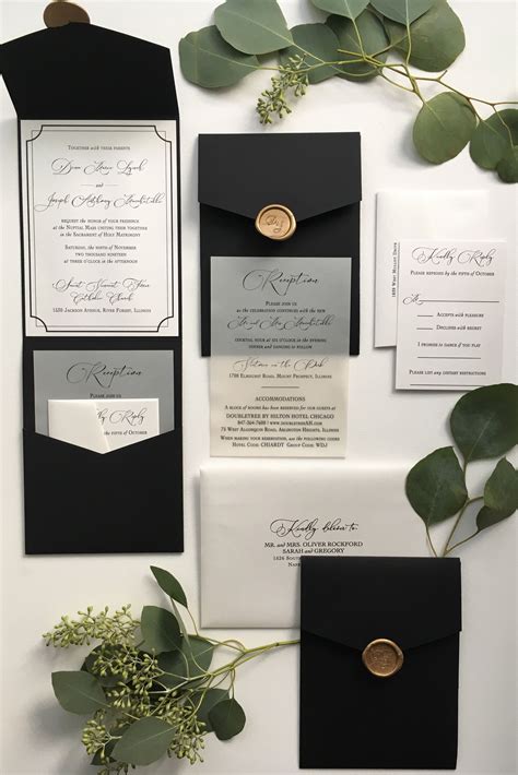 black pocket fold wedding invitation with gold wax seal wedding cards wedding invitation