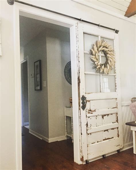 Farmhouse Sliding Wood Barn Door With Distressed Whitewashed Wood And