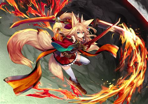 Wallpaper Flame Animal Ears Nine Tails Green Eyes Fox Girl Sword