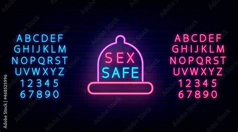 Grafika Wektorowa Stock Sex Safe Neon Sign With Condom Frame Contraceptive Advertising With
