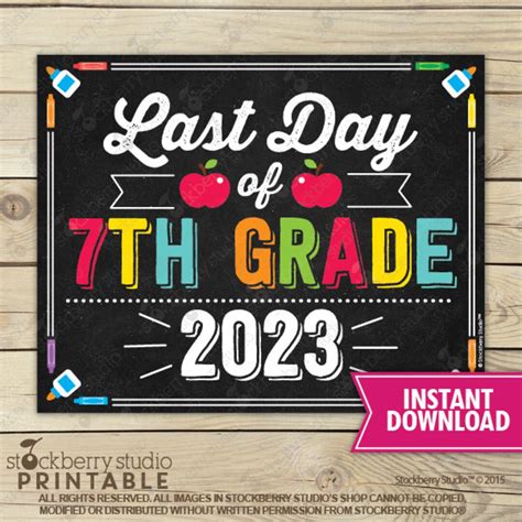 Last Day Of 7th Grade Sign Last Day Of School Printable Last Etsy
