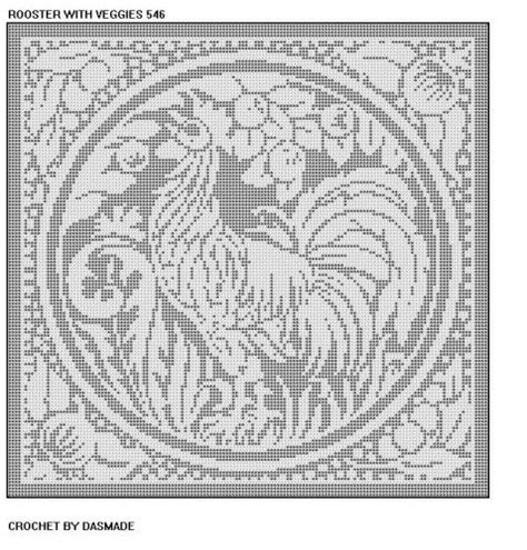 546 Rooster With Veggies Filet Crochet Doily Mat Wallhanging Pattern