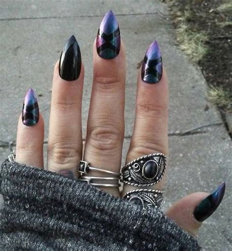 Black And Holographic Chrome Stiletto Nails Gothic Goth X Etsy