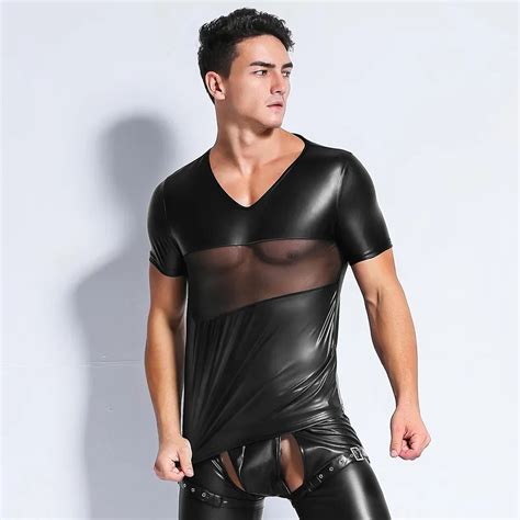 2018 Sexy Men Faux Leather T Shirts Male Fashion Undershirts Men Black