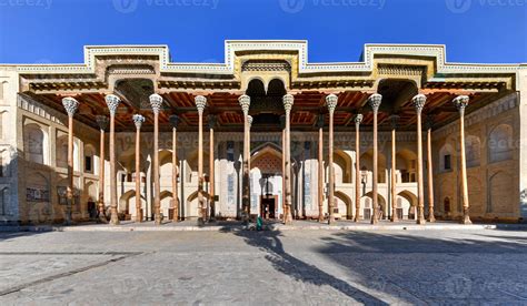 Bolo Hauz Mosque Built In The 17th Century With Wooden Carved Columns In Bukhara Uzbekistan