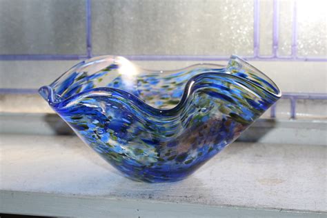 vintage art glass bowl blue and green