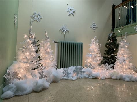 Winter Wonderland Scene With Trees And Snow And Snowflakes On Stairwell
