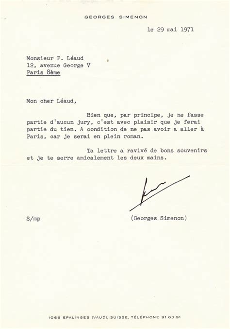 Vente lettre signée de Georges Simenon CD Galerie achat vente lettres