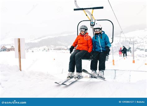 Ski Skiing Skiers On Ski Lift Stock Image Image Of Family Mountain