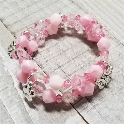 Girls Beaded Stackable Stretch Bracelet Girly Charms Pink Acrylic
