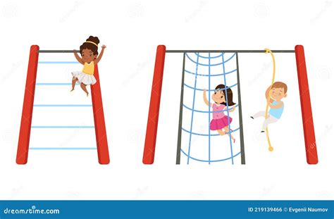 Kids Having Fun On Playground Set Little Children Swinging On Swing