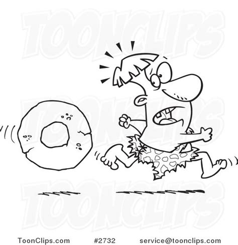 Cartoon Black And White Line Drawing Of A Caveman Running From A Stone