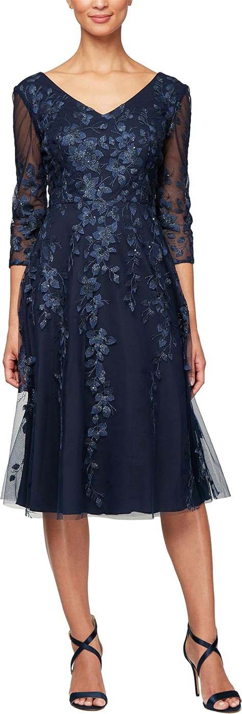 Alex Evenings Womens Tea Length Embroidered Dress With Illusion