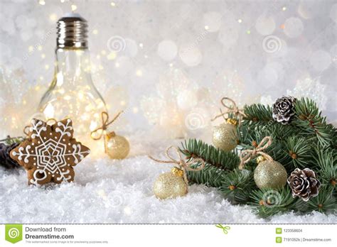 New Year S Decoration Christmas Tree Branch With Balls On Snow