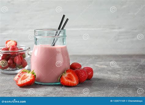Glass Jar With Tasty Strawberry Smoothie Stock Image Image Of Copy Liquid 122071169
