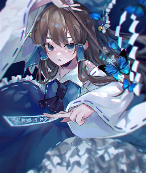 safebooru 1girl absurdres alternate color ascot bangs blue butterfly blurry blurry background
