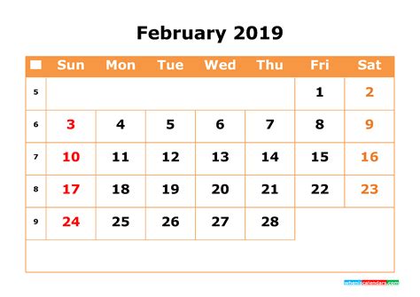February 2019 Calendar With Week Numbers Printable