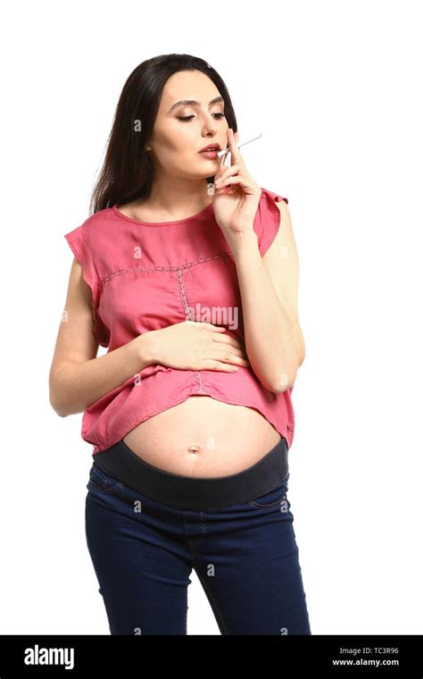 Pregnant Woman Smoking Cigarette On White Background Stock Photo Alamy
