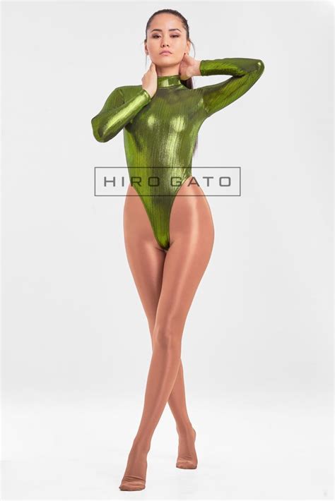 hiro gato high leg leotard green shiny spandex lycra light