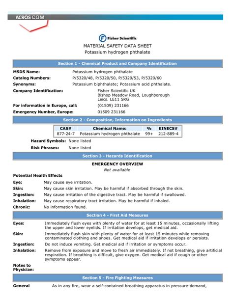 Material Safety Data Sheet Potassium Hydrogen Phthalate Msds My XXX