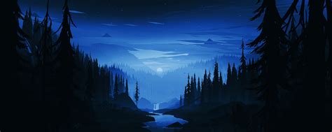 Download Wallpaper 2560x1024 Dark Night River Forest Minimal Art