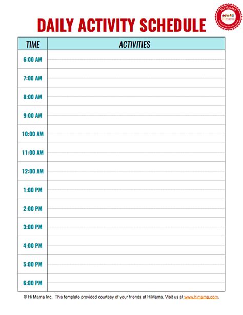 Daily Time Schedule Template Printable Printable Templates