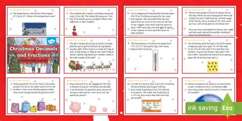 Christmas Decimals And Fractions Challenge Cards For Kids