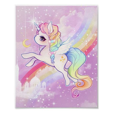 Cute Kawaii Pastel Unicorn With Rainbow And Castle Poster In 2020