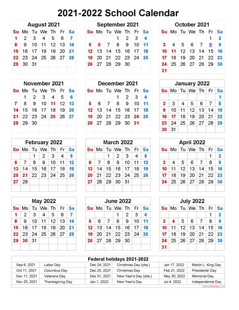 2021 2021 School Year Calendar On One Page Calendar Printables Free Blank
