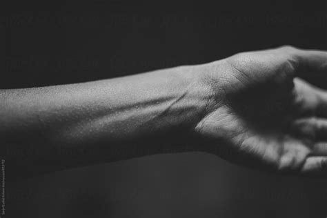 Wrist Detail Of A Tiny Hand With Visible Veins In Black And White By