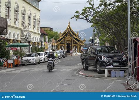 Street Scene With Temple Chiang Mai Thailand Editorial Image Image