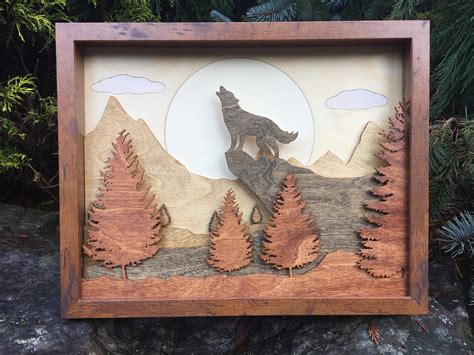 3D Laser Cut Shadow Box Wood Scene Inlaid /Howling Wolf in | Etsy
