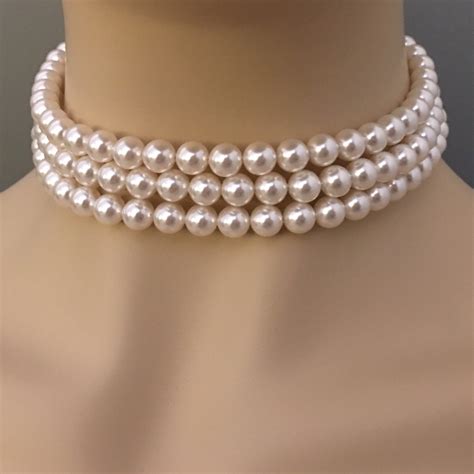 Pearl Choker Necklace Set With Pearl Stud Earrings 3 Strands Etsy