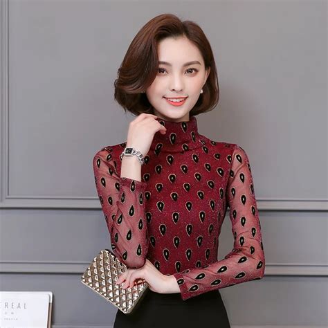 2017 Autumn Long Sleeve Turtleneck Print Lace Blouses Women Sexy Gold