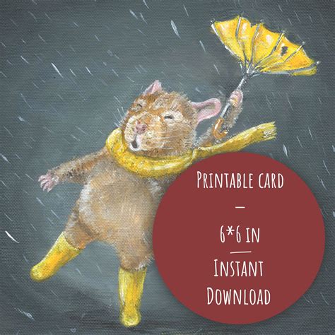 Printable Cute Postcard Rat Mouse Rain Autumn Yellow Umbrella Etsy